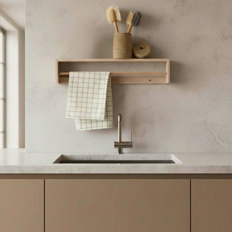 Modern minimalist kitchen sink area with wooden wall shelf, checkered towel, toothbrushes, and matte black faucet