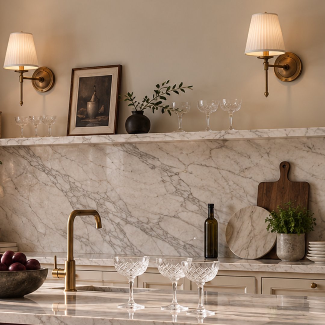 Modern kitchen with marble backsplash, brass fixtures, crystal wine glasses, and wall-mounted brass sconces with cream shades