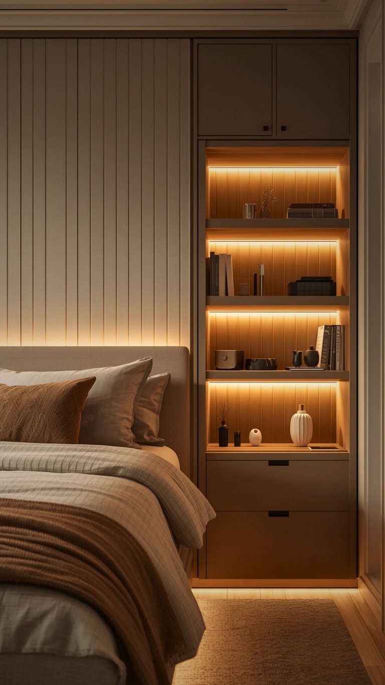 Modern bedroom with warm-toned bed and built-in shelving unit with golden LED lighting displaying decorative objects