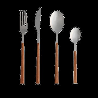 Four-piece flatware set with wooden handles including fork, knife, dinner spoon, and teaspoon