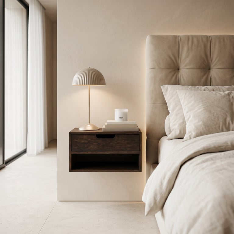 Modern minimalist bedroom with beige upholstered headboard, white bedding, wooden nightstand with striped dome lamp, and floor-to-ceiling windows with white curtains