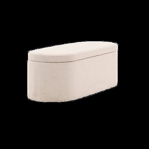 Cream-colored upholstered oval storage ottoman or bench with rounded edges against a black background