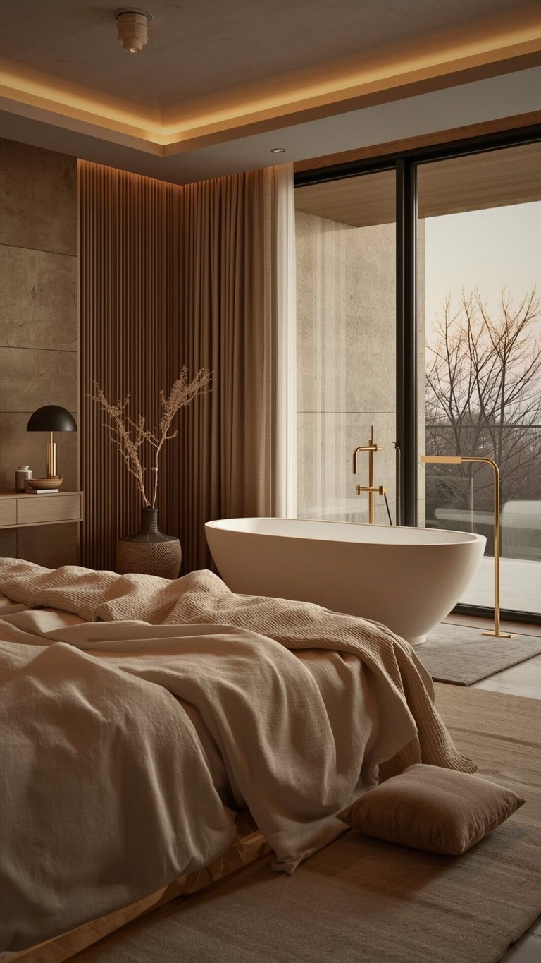 Luxurious master bedroom-bathroom suite with freestanding white bathtub, warm beige tones, and large windows overlooking nature