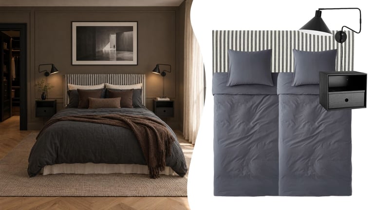 Side-by-side comparison of a styled bedroom interior and overhead view of a gray bed set with pillows and nightstand