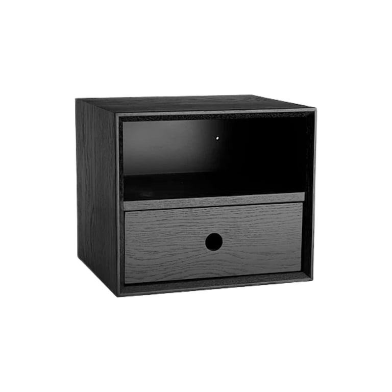 Black modern nightstand with open shelf and gray drawer featuring round knob
