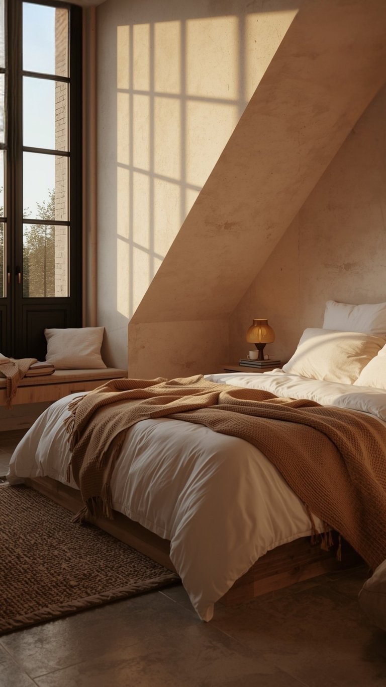Cozy attic bedroom with sloped ceiling, natural light from tall window, white bedding, brown blanket, and warm ambient lamp