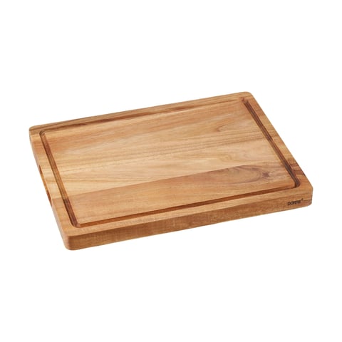 Rectangular wooden cutting board with groove edge detail, light natural wood finish