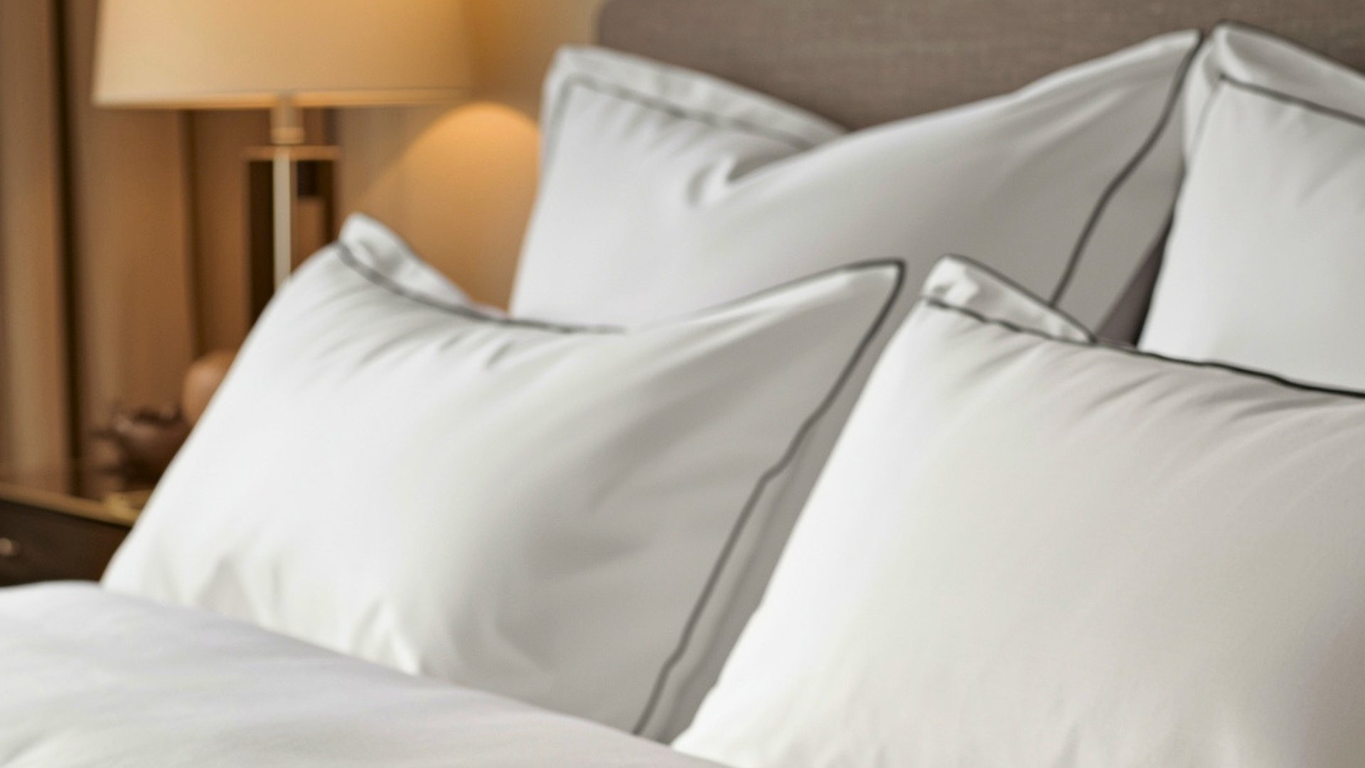 Close-up of white pillows with gray trim on a bed with gray headboard and bedside lamp