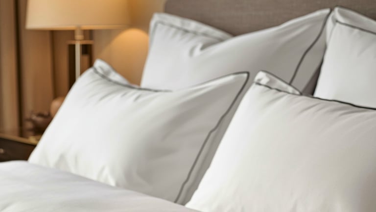 Close-up of white pillows with gray trim on a bed with gray headboard and bedside lamp
