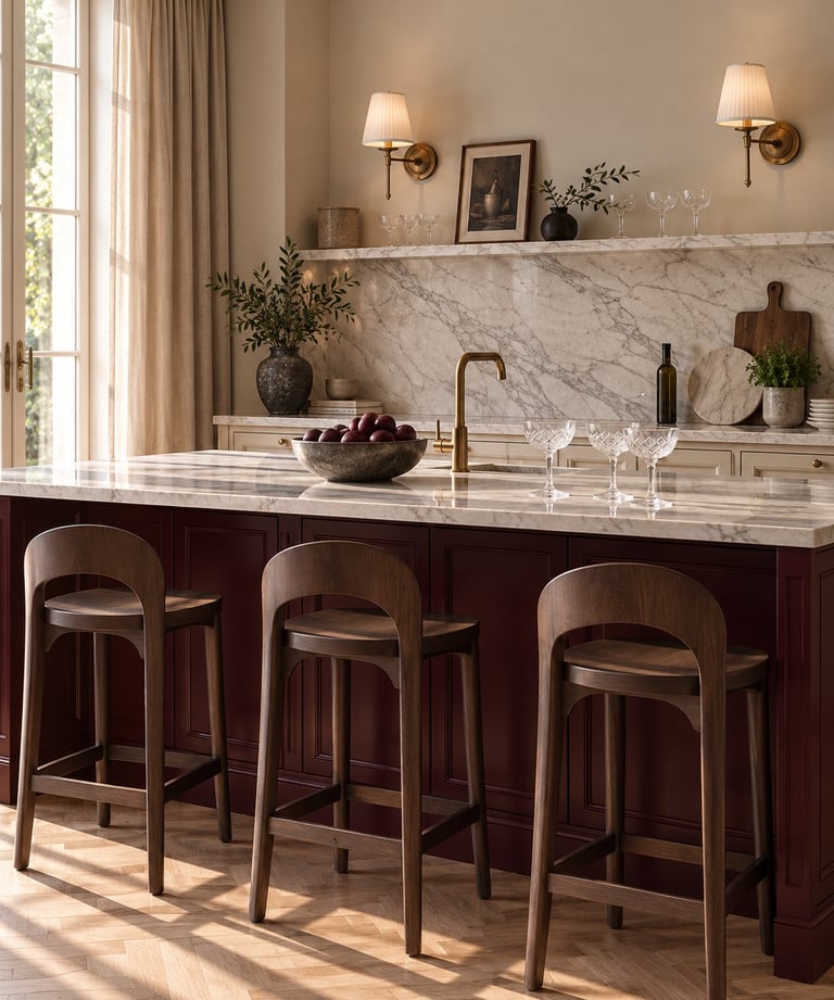 Modern kitchen with marble countertops, dark wood cabinetry, three curved bar stools, and gold fixtures