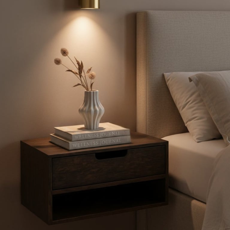 Bedside table with gray vase, dried flowers, stacked books, and wall-mounted light above a bed with beige headboard