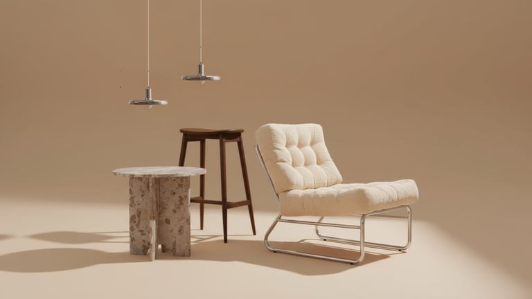 Modern furniture collection including a cream upholstered chair, wooden side table, marble pedestal, bar stool, and hanging pendant lights in a minimalist beige interior