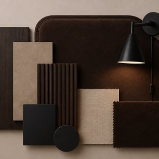 Material design mood board featuring fabric swatches, leather samples, and dark lamp against neutral and brown tones
