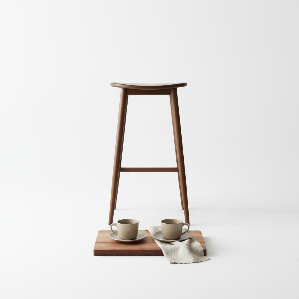 Wooden bar stool with two ceramic cups and saucers on a wooden base beneath it, displayed against a white background