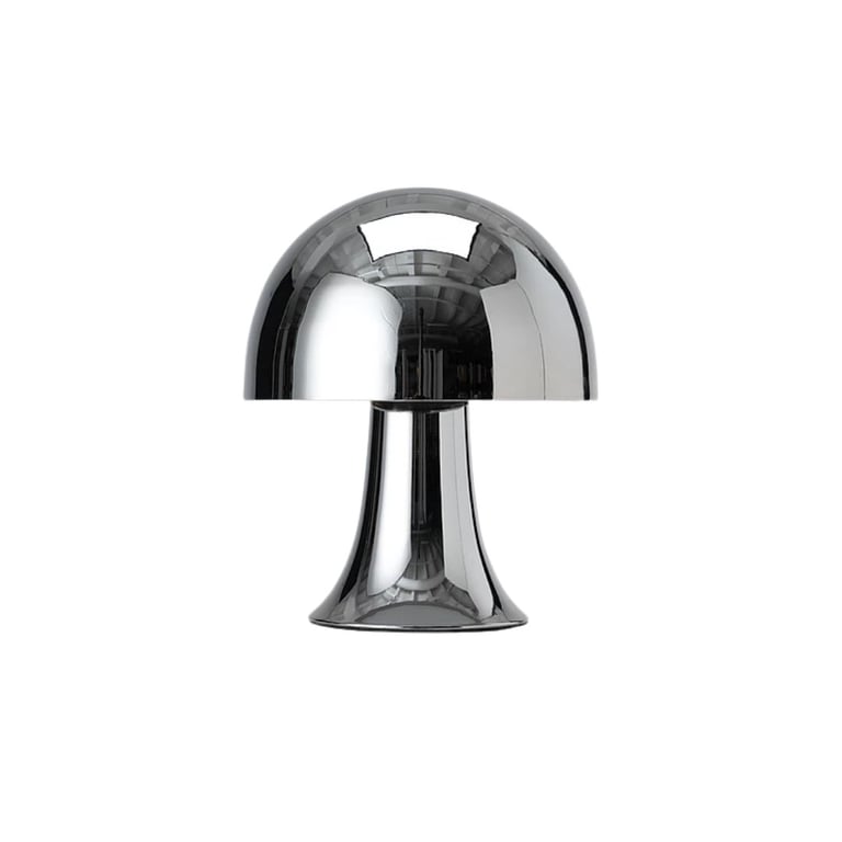 Modern chrome mushroom-shaped table lamp with polished metal dome shade and cylindrical stem