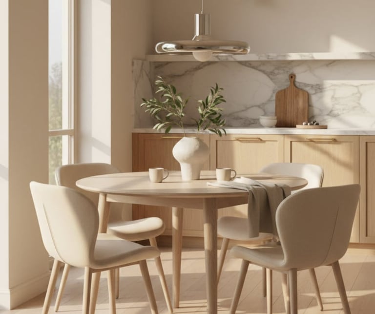 Modern dining room with round wooden table, beige chairs, and minimalist kitchen cabinetry in warm neutral tones