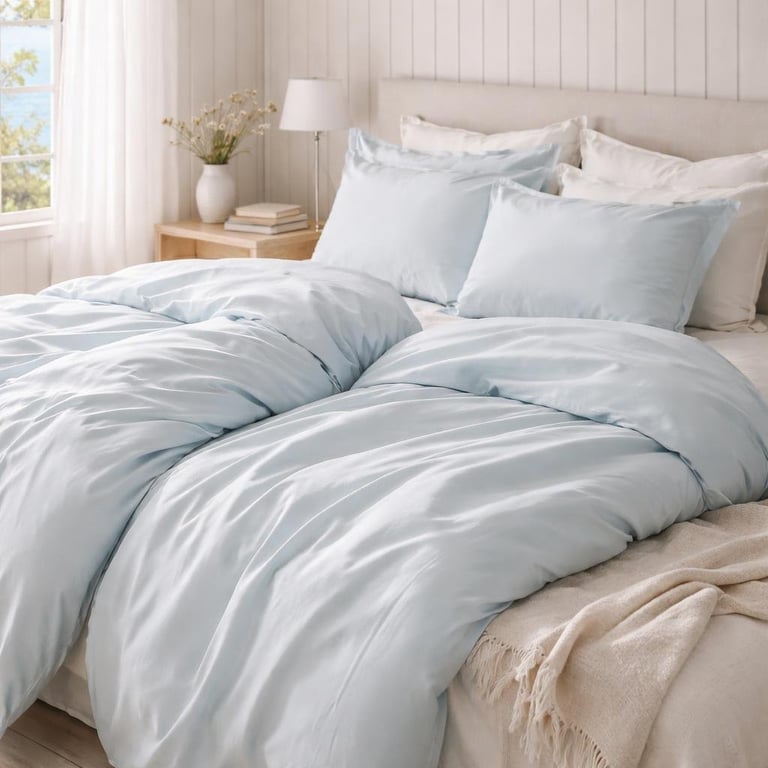 Bright bedroom with light blue striped bedding, white pillows, wooden nightstand with lamp and flowers, and pale walls with window