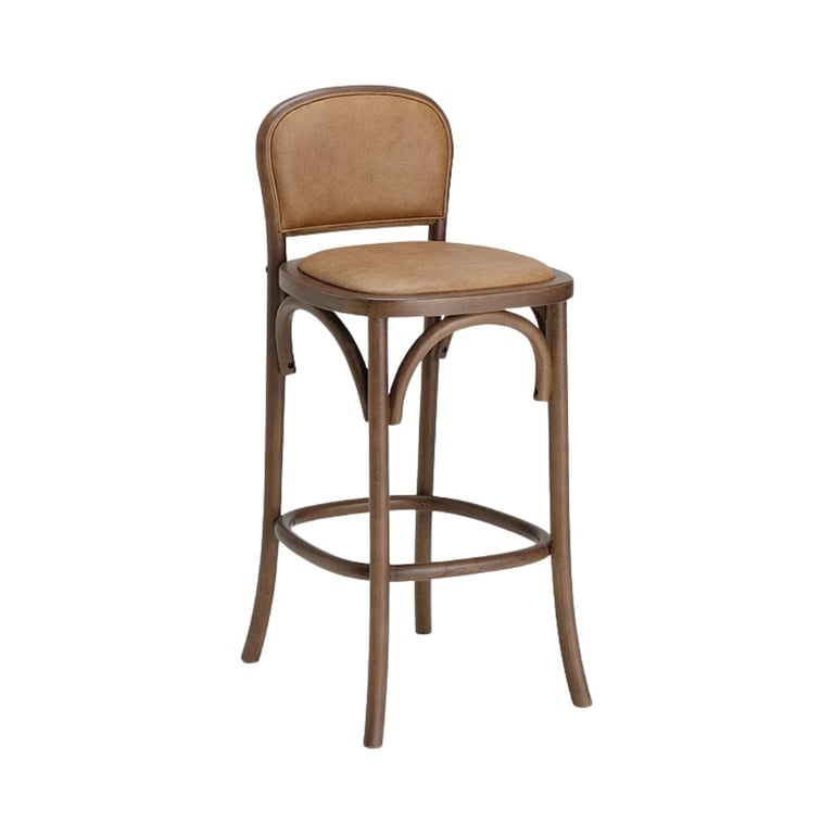 Brown bentwood bar stool with curved backrest and tan upholstered seat and back