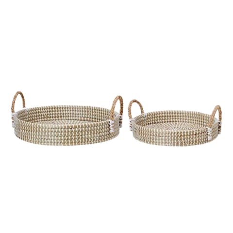 Two woven wicker baskets with handles in natural beige tones, arranged side by side