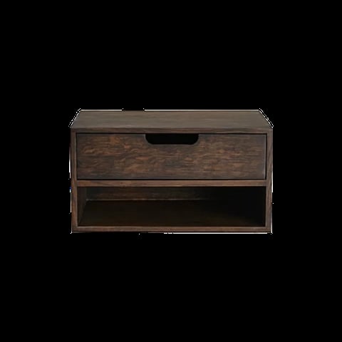 Dark wood storage bench with drawer and open shelf compartment below
