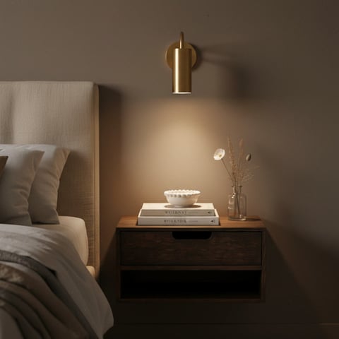 Modern bedroom with upholstered headboard, wooden nightstand, brass pendant light, and minimalist bedside decor