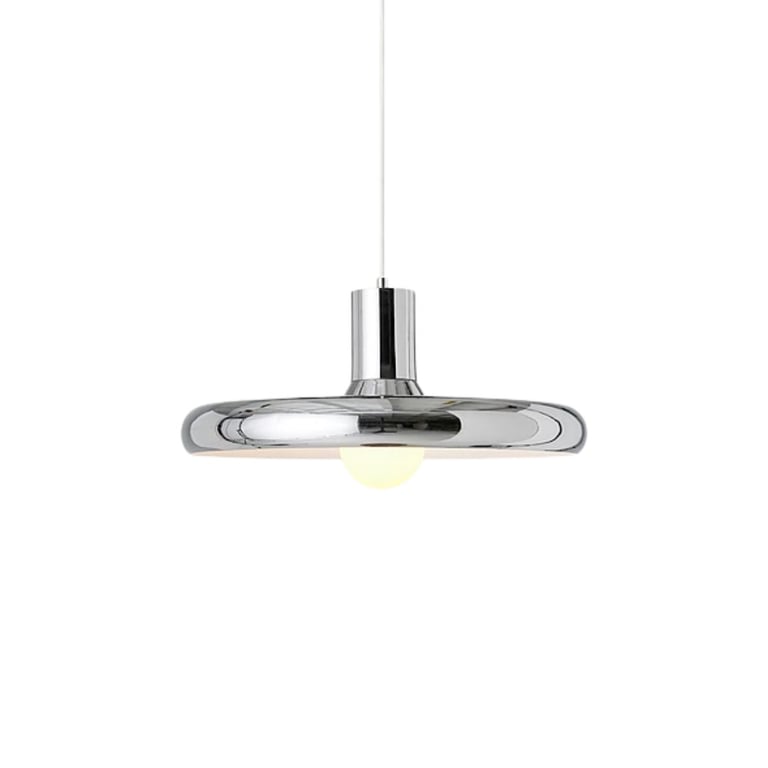 Modern chrome pendant light with elliptical shade and warm glow, suspended by wire on white background