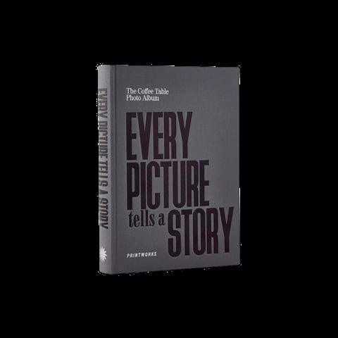 Gray hardcover book titled Every Picture Tells a Story with The Coffee Table Photo Album subtitle on spine