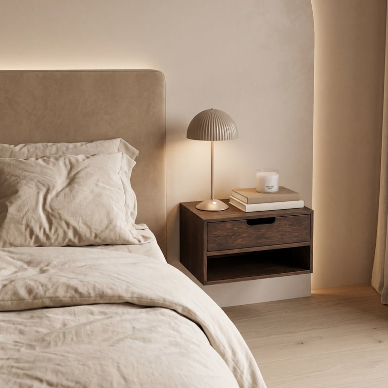 Modern bedroom with beige bed, upholstered headboard, wooden nightstand with lamp, books, and candle on light wood flooring