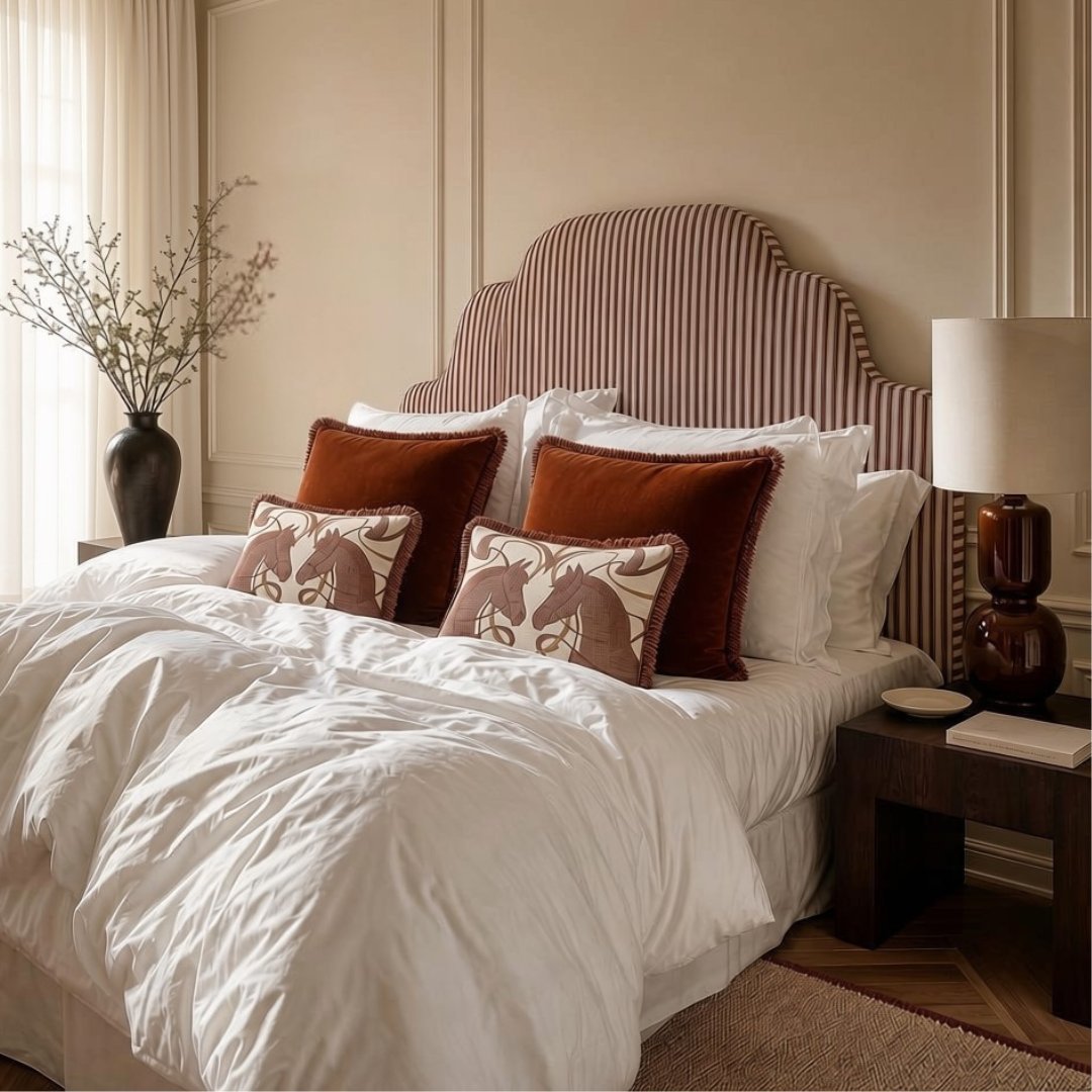 Luxurious bedroom with upholstered striped headboard, white bedding, rust and patterned pillows, wooden nightstands, and beige wall paneling.