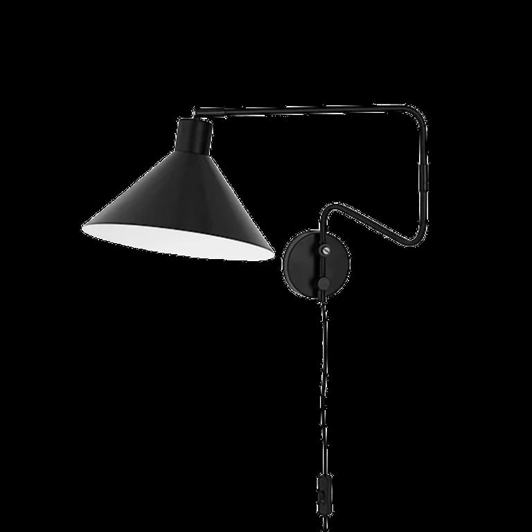 Modern black swing-arm wall lamp with conical shade and adjustable reach arm on white background