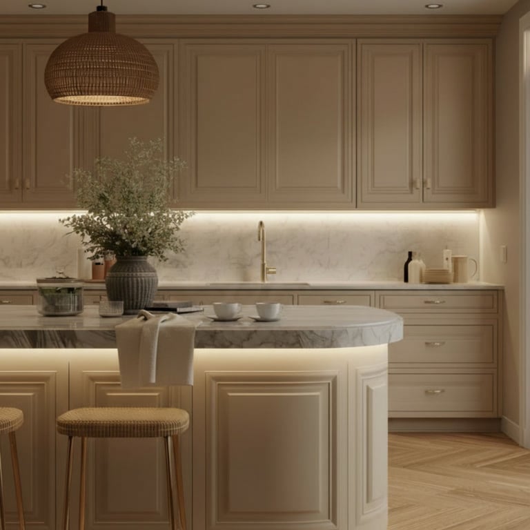 Modern beige kitchen with marble waterfall island, woven pendant light, and minimalist countertop decor