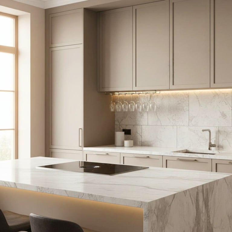 Modern kitchen with beige cabinetry, marble countertops, island with seating, and stainless steel sink and faucet