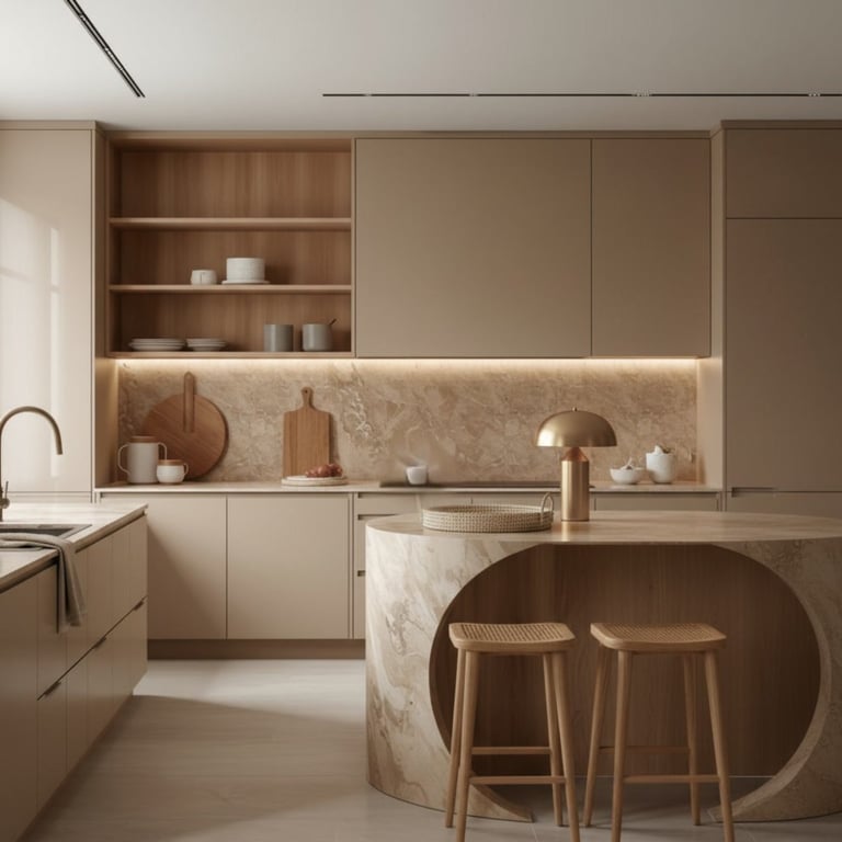 Modern minimalist kitchen with curved marble island, wooden bar stools, warm-toned cabinetry, open shelving, and integrated sink