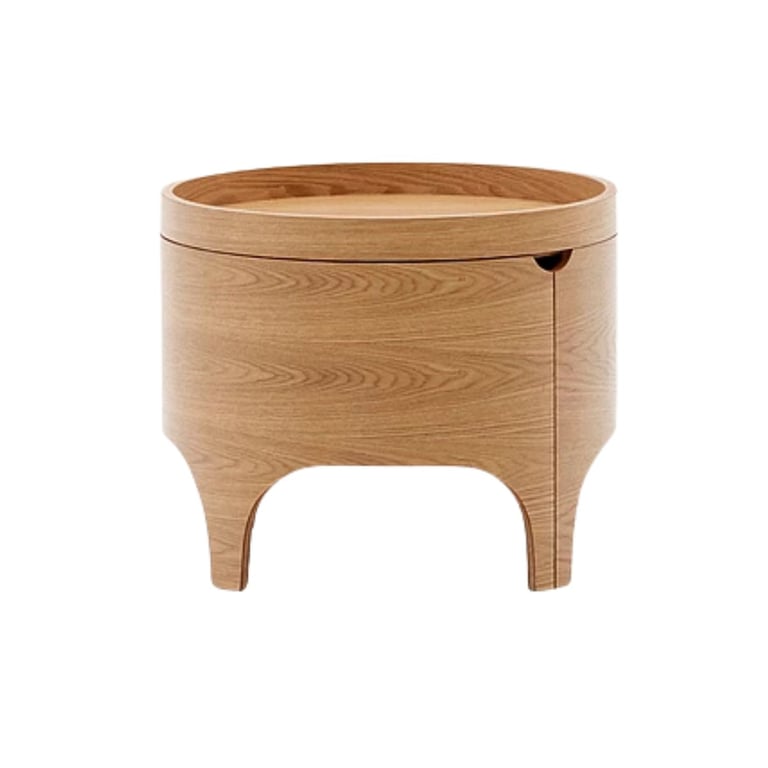Round wooden side table with natural light wood finish, tapered legs, and open storage compartment with lid on top