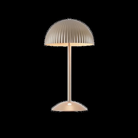 Modern table lamp with dome-shaped ribbed shade and cylindrical metal base on black background
