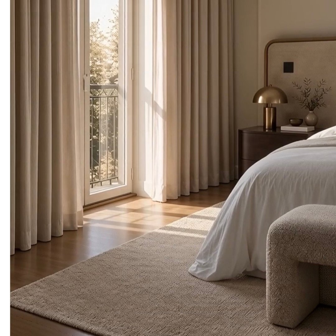 Modern bedroom with floor-to-ceiling beige curtains, white bed, cream area rug, and gold bedside lamp overlooking a balcony