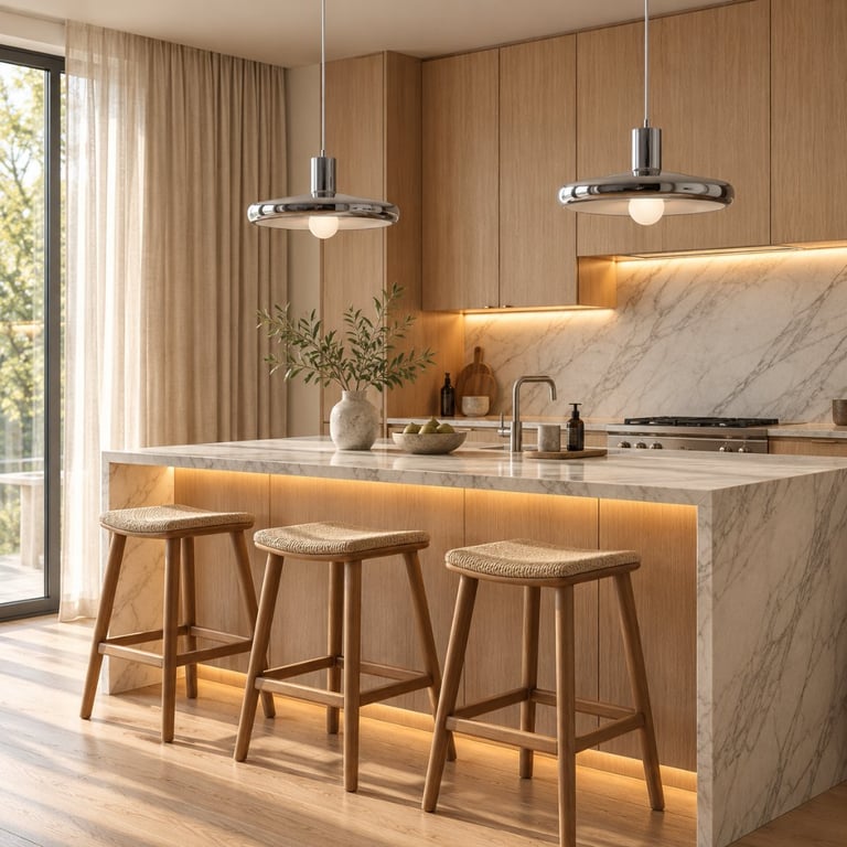 Modern kitchen with wood cabinetry, marble countertop, pendant lights, and three wooden bar stools at the island