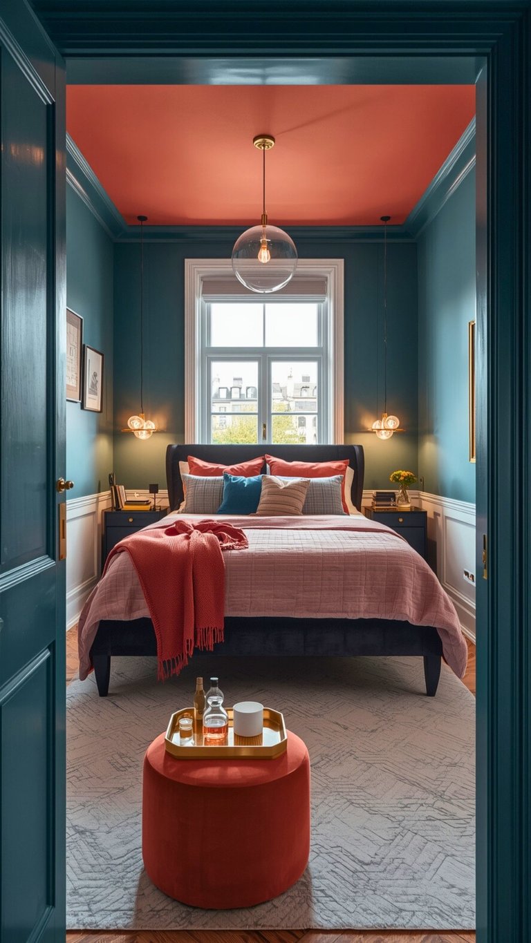 Modern bedroom with teal walls, coral ceiling, black bed, pendant light, and red ottoman viewed through doorway