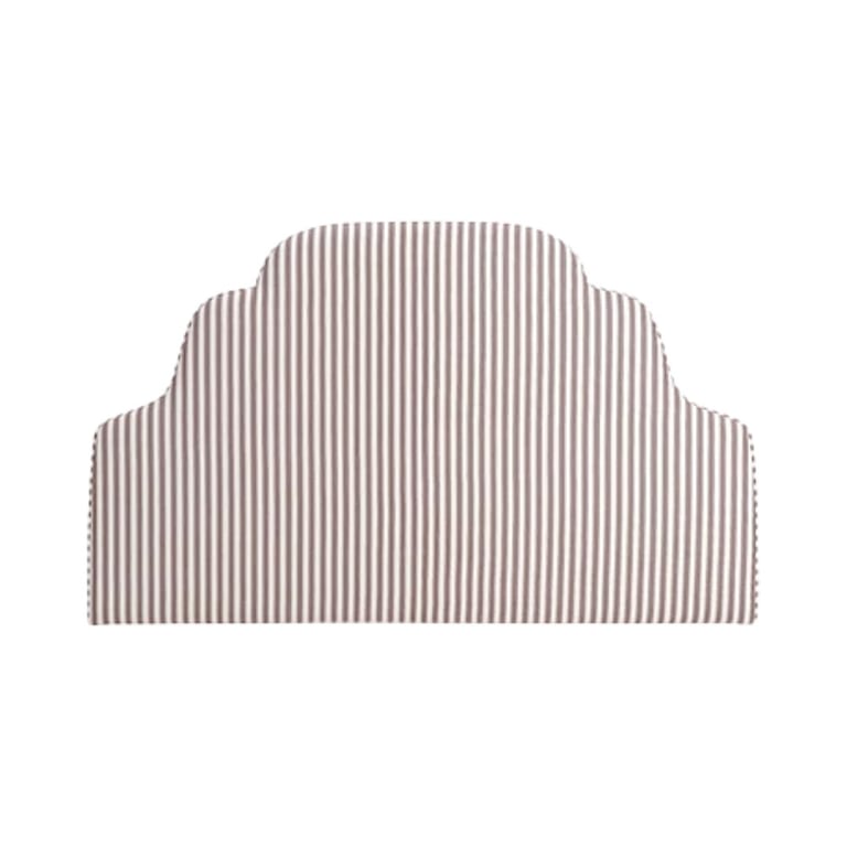 Arched headboard with vertical gray and white striped pattern
