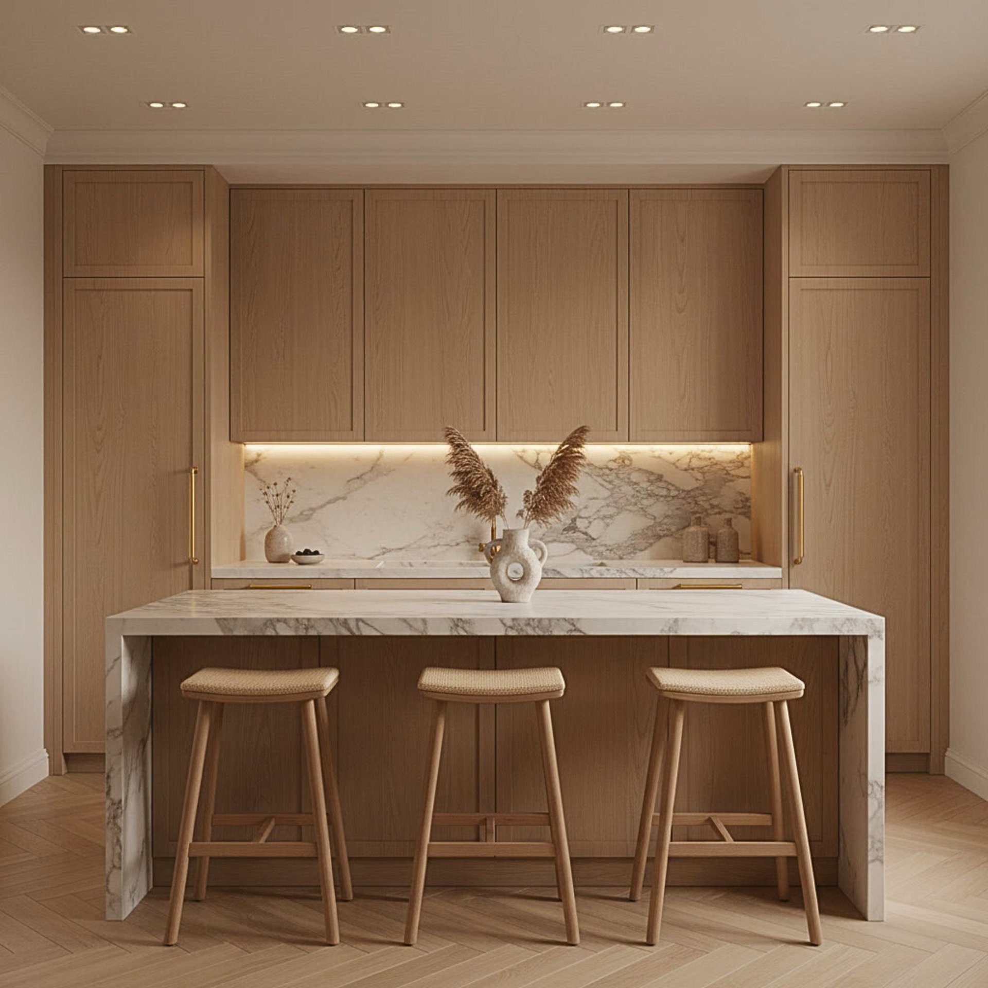 Modern kitchen with wood cabinetry, white marble island, three wooden stools, and pampas grass decoration