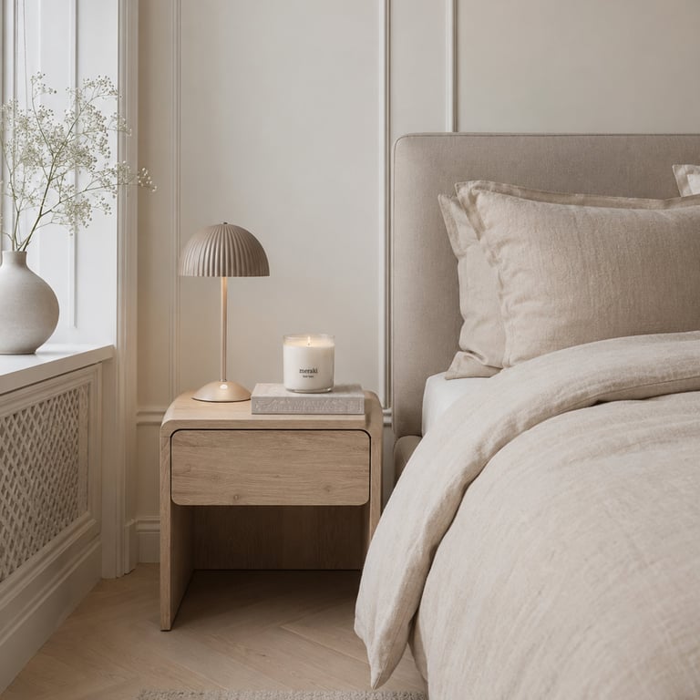 Minimalist bedroom with light wood nightstand, cream bedding, table lamp, white candle, and dried flowers in vase by window