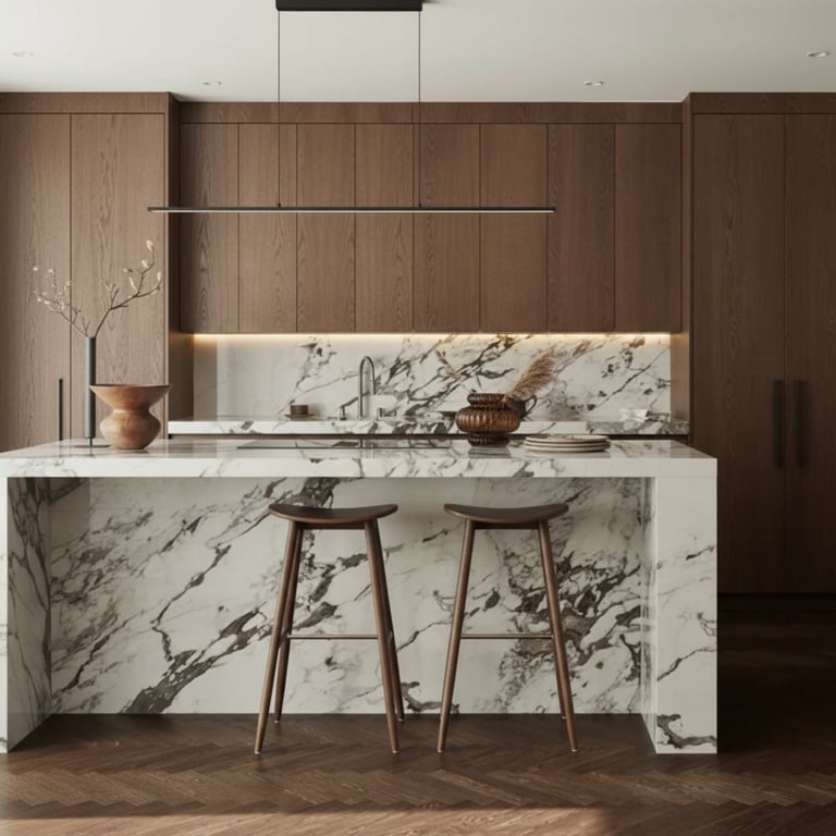 Modern kitchen with white marble island, two wooden bar stools, dark wood cabinetry, and pendant lighting