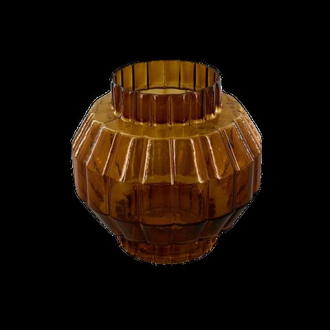 Amber glass decorative vase with ribbed texture and spherical shape against black background