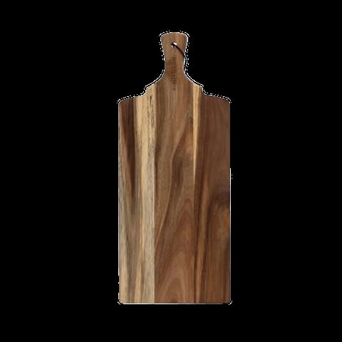 Wooden cutting board with handle and natural grain patterns in brown tones