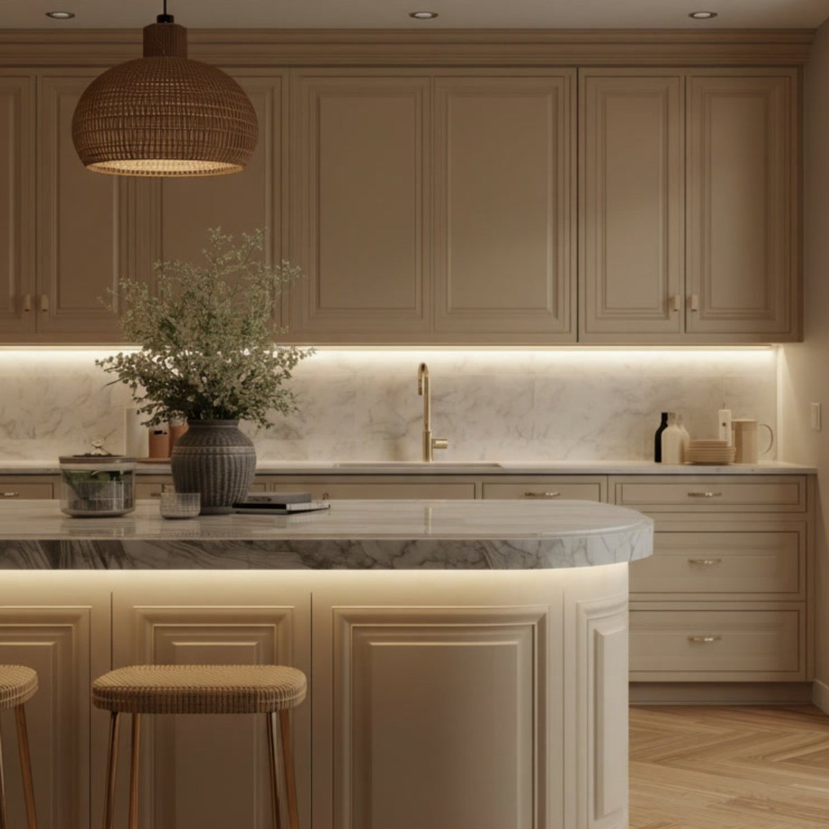 Modern luxury kitchen with beige cabinetry, marble island, woven pendant light, and warm ambient lighting