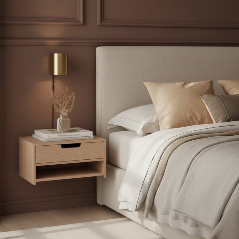 Modern bedroom with beige upholstered bed, wooden nightstand, gold wall sconce, and neutral bedding