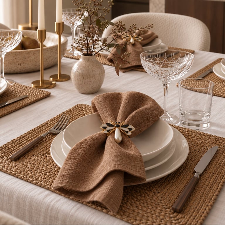Elegant table setting with beige napkin tied with shells, white plates, dried flowers in ceramic vase, and natural woven placemats