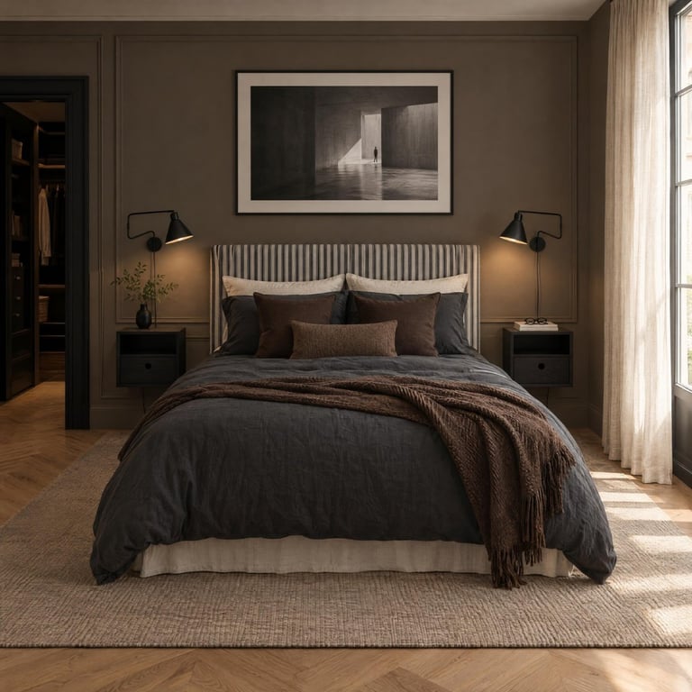 Modern bedroom with dark gray walls, white metal headboard bed dressed in charcoal bedding, bedside lamps, framed artwork, and natural light from windows