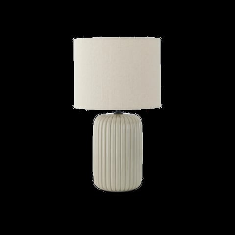 Contemporary table lamp with ribbed ceramic base in cream and matching linen cylindrical shade