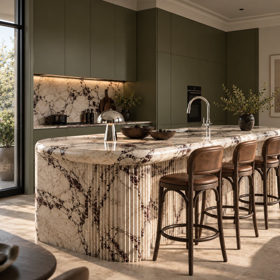 Modern kitchen with olive-green cabinetry, white marble island with veined pattern, and wooden bar seating